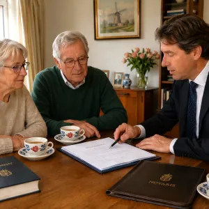 Ouder echtpaar met notaris thuis