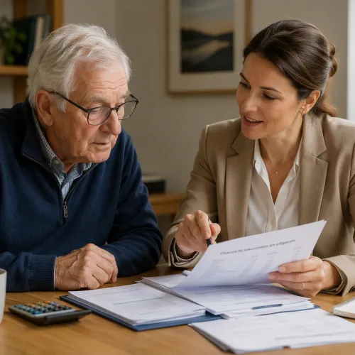 professionele dame die een ouderen man helpt met administratie