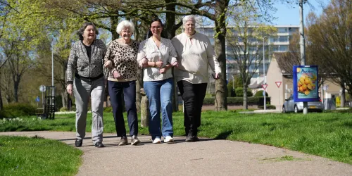 Groep ouderen maken een wandeling
