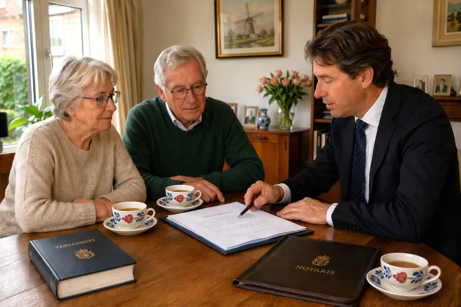 Ouder echtpaar met notaris thuis