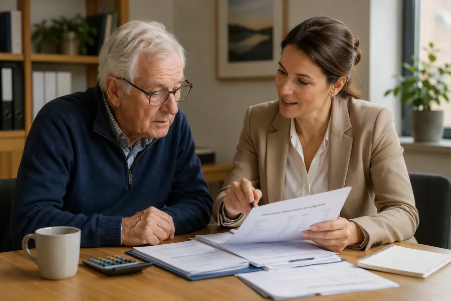 professionele dame die een ouderen man helpt met administratie