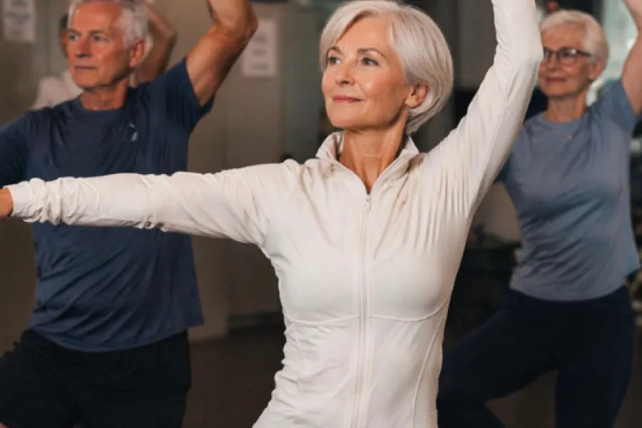 Drie senioren in een pilates pose